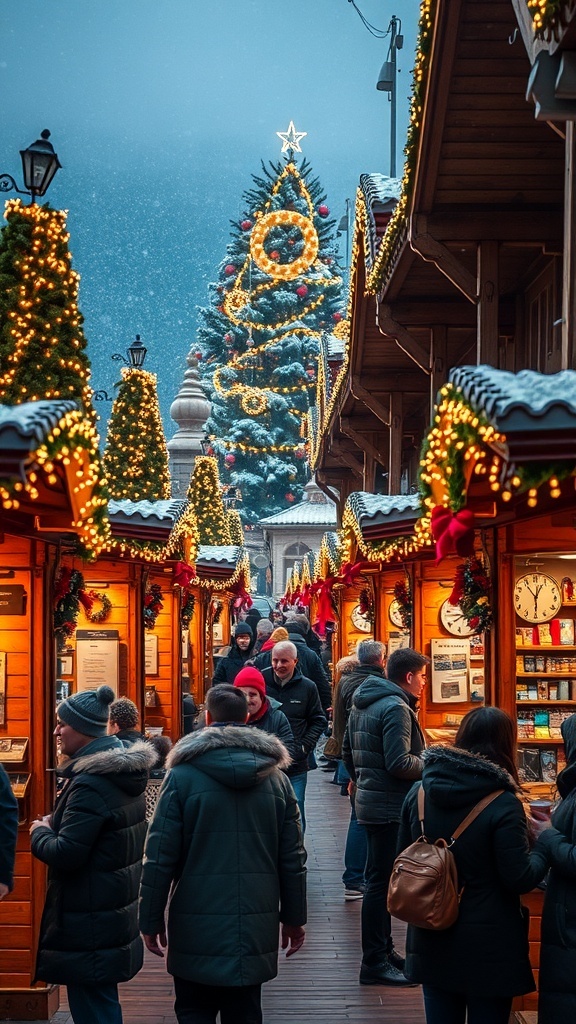 Christmas Market Aesthetic Guide A vibrant Christmas market with stalls decorated with lights, visitors enjoying the festive ambiance, and a large Christmas tree in the background.